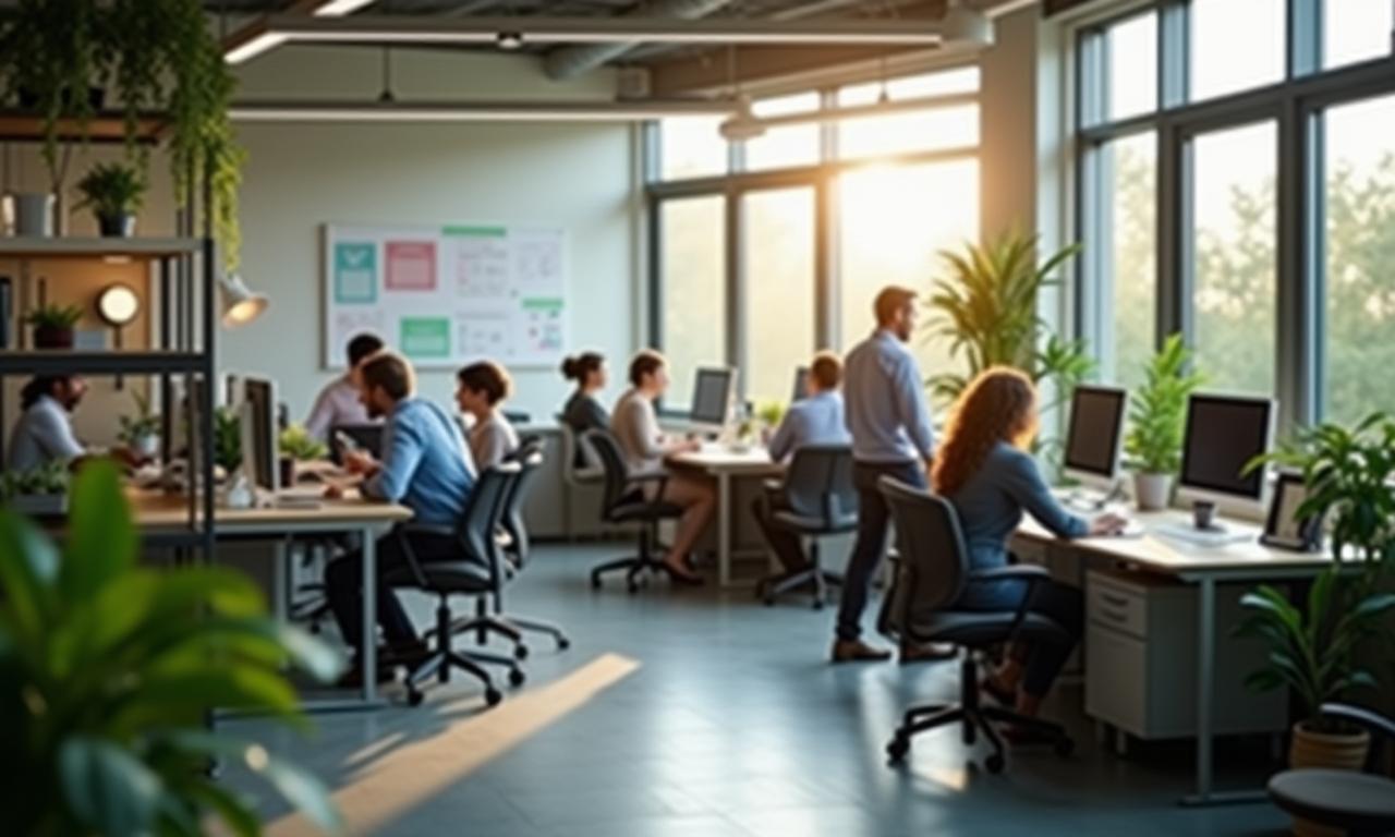 Teamleden van GroenTech Innovaties werken samen in een moderne kantooromgeving