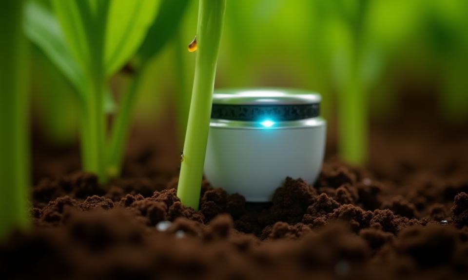 Close-up van een GroenTech plant sensor die gegevens verzamelt
